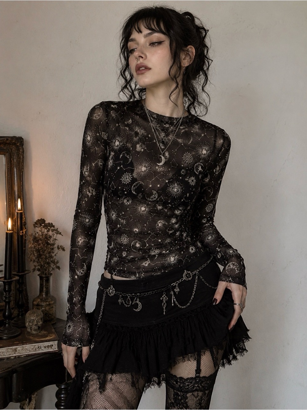 Just Polly Whimsigoth Y2K Fitted Celestial Sheer Long Sleeve Top Sz Small